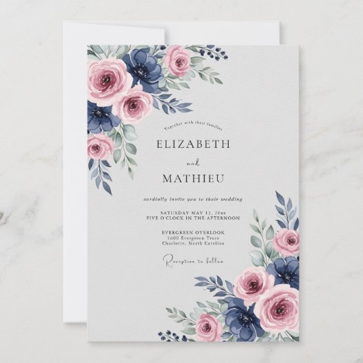 Navy Roze Luxe Lente Bruiloft Kaart (Voorkant)