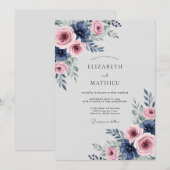 Navy Roze Luxe Lente Bruiloft Kaart (Voorkant / Achterkant)