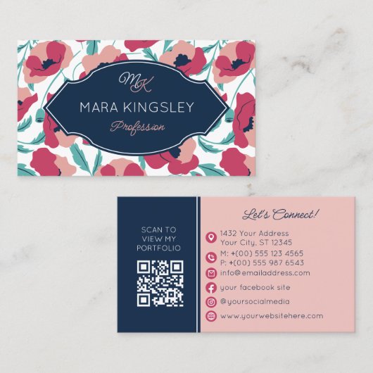 Navy Roze Moderne Klaproos Patroon Monogram Visitekaartje (Voorkant / Achterkant)