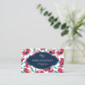 Navy Roze Moderne Klaproos Patroon Monogram Visitekaartje (Staand voorkant)