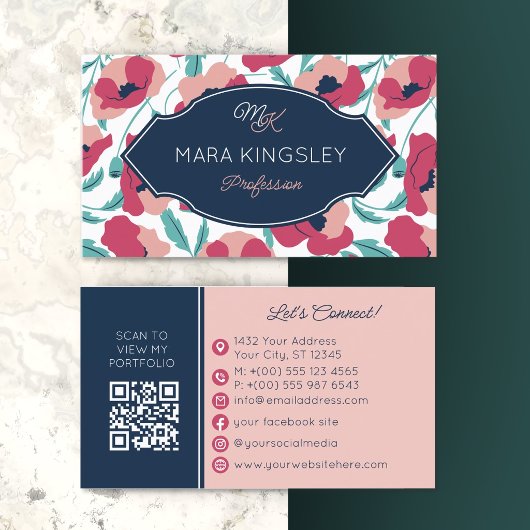 Navy Roze Moderne Klaproos Patroon Monogram Visitekaartje