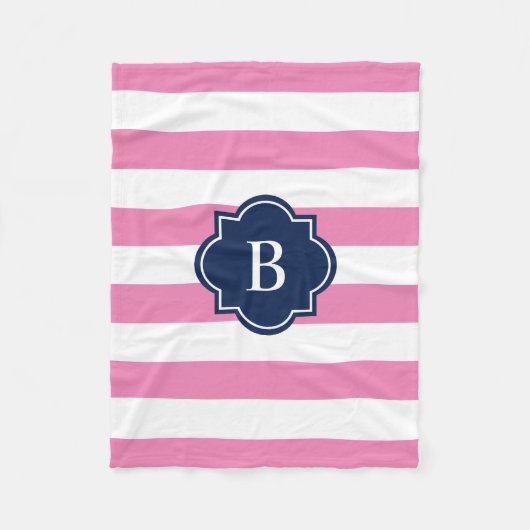 Navy & Roze Monogram Stripe | Fleece Blanket (Voorkant)