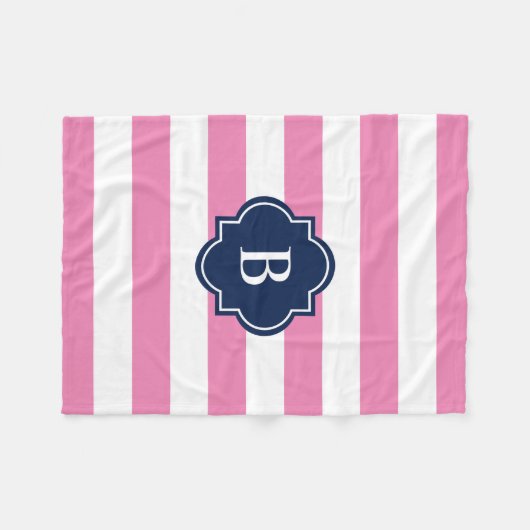 Navy & Roze Monogram Stripe | Fleece Blanket Deken (Voorkant (Horizontaal))