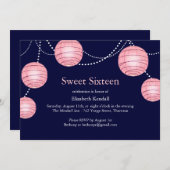 Navy & Roze Party Lantern Sweet 16 Uitnodiging (Voorkant / Achterkant)
