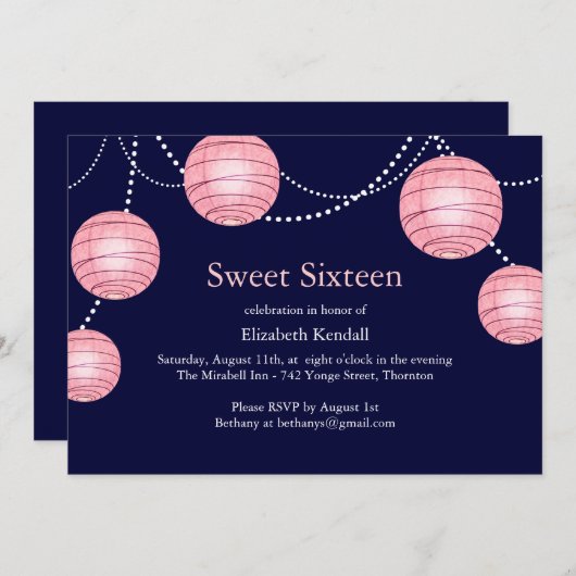 Navy & Roze Party Lantern Sweet 16 Uitnodiging (Voorkant / Achterkant)