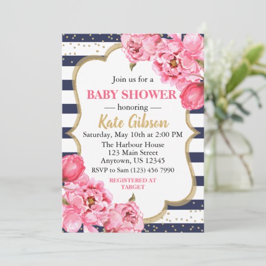 Navy & Roze Pioen Bloemen Baby Shower Kaart (Staand voorkant)