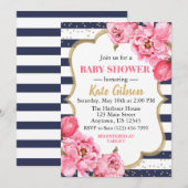 Navy & Roze Pioen Bloemen Baby Shower Kaart (Voorkant / Achterkant)