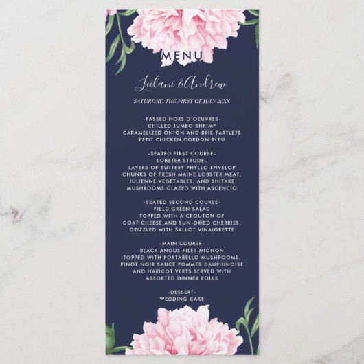 Navy roze pioen Waterverf bruiloft Menu (Voorkant)