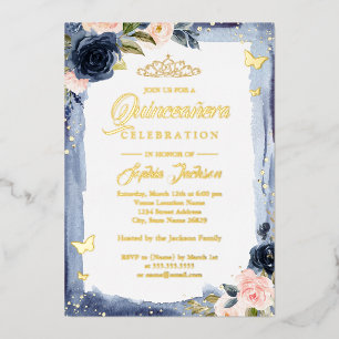 Navy Roze Quinceanera Bloemrijke Glitter Tiara Fol Folie Uitnodiging