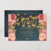 Navy roze romantische rozen bruiloft gastendetails informatiekaartje (Voorkant / Achterkant)