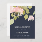 NAVY ROZE ROOS WATERVERF FLORALE BRUIDSSHOWER UITNODIGING BRIEFKAART (Voorkant / Achterkant)