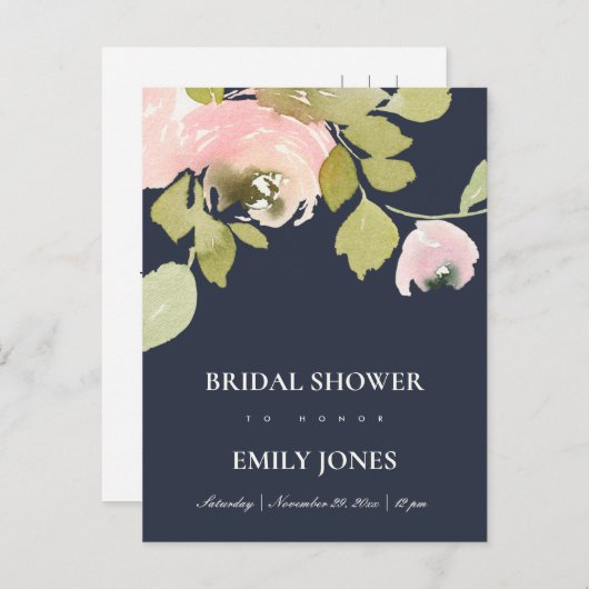 NAVY ROZE ROOS WATERVERF FLORALE BRUIDSSHOWER UITNODIGING BRIEFKAART (Voorkant / Achterkant)