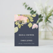 NAVY ROZE ROOS WATERVERF FLORALE BRUIDSSHOWER UITNODIGING BRIEFKAART (Staand voorkant)