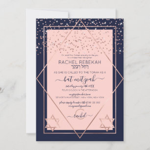 Navy roze Rose Gold Confetti Border Bat Mitzvah Kaart