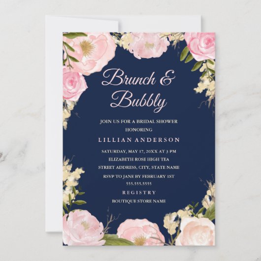 Navy Roze Rozen Brunch en Mousserende Bruidsuitnod Kaart (Voorkant)