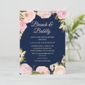 Navy Roze Rozen Brunch en Mousserende Bruidsuitnod Kaart (Staand voorkant)