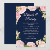 Navy Roze Rozen Brunch en Mousserende Bruidsuitnod Kaart (Voorkant / Achterkant)
