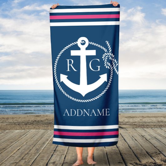 Navy Roze Stripes Anchor Rope Aangepaste badhanddo Badhanddoek