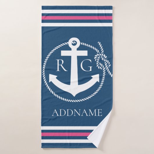 Navy Roze Stripes Anchor Rope Aangepaste badhanddo Badhanddoek (Badhanddoek)
