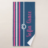 Navy & Roze Stripes Knot Rope Custom Bath Towel Badhanddoek (Badhanddoek)