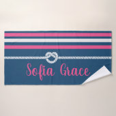 Navy & Roze Stripes Knot Rope Custom Bath Towel Badhanddoek (Badhanddoek)
