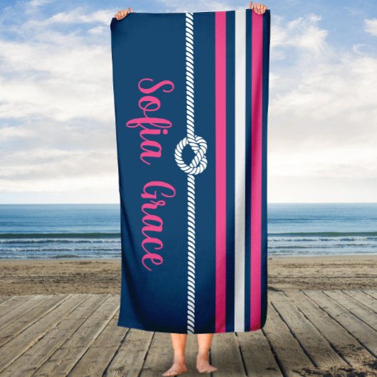 Navy & Roze Stripes Knot Rope Custom Bath Towel Badhanddoek