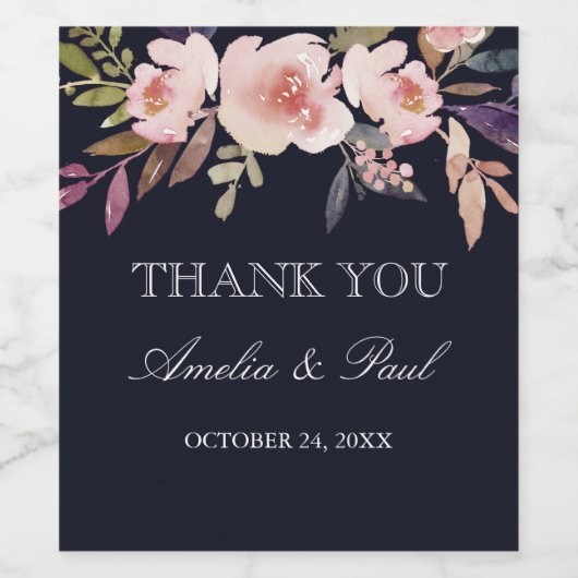 Navy Roze Waterverf Peonies Weddenschap Wine Label Wijn Etiket (Enkel label)