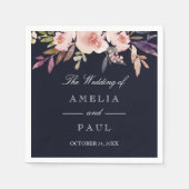 Navy Roze Waterverf Pioenrozen Bruiloft Servet (Voorkant)