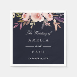 Navy Roze Waterverf Pioenrozen Bruiloft Servet