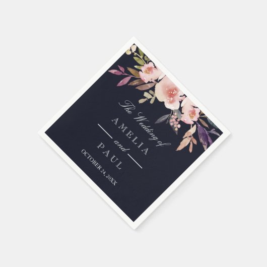 Navy Roze Waterverf Pioenrozen Bruiloft Servet (Hoek)