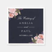 Navy Roze Waterverf Pioenrozen Bruiloft Servet (Voorkant)