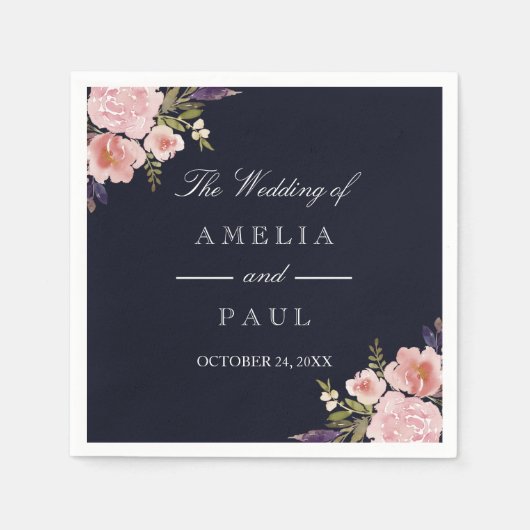 Navy Roze Waterverf Pioenrozen Bruiloft Servet (Voorkant)