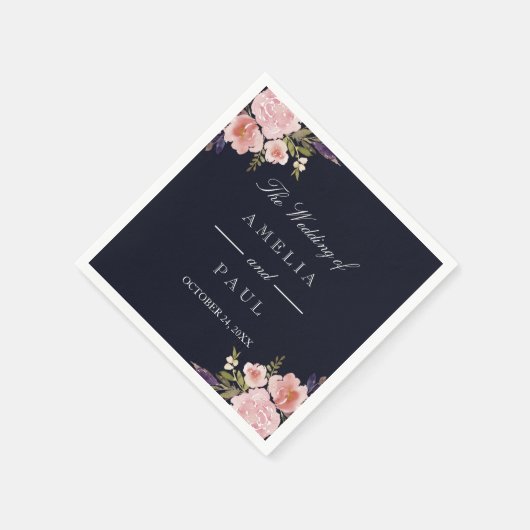 Navy Roze Waterverf Pioenrozen Bruiloft Servet (Hoek)