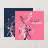 Navy, Roze, White Floral Bridal Shower Invitation Kaart (Voorkant / Achterkant)