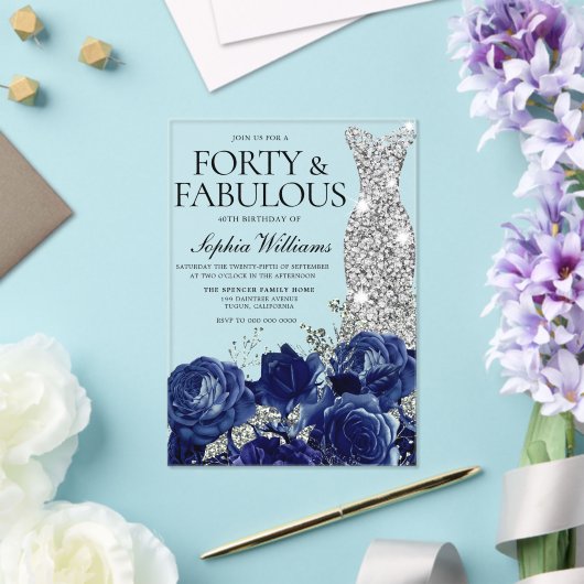 Navy Rozen Diamond Gown 40e verjaardagsfeest Acryl Uitnodigingen (Insitu (Huwelijk))