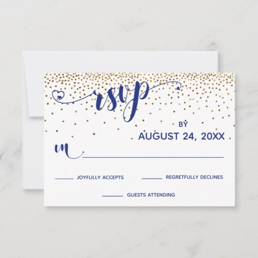 Navy RSVP-kalligrafie met hart, goudConfetti, RSVP Kaartje (Voorkant)