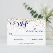 Navy RSVP-kalligrafie met hart, goudConfetti, RSVP Kaartje (Staand voorkant)
