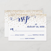 Navy RSVP-kalligrafie met hart, goudConfetti, RSVP Kaartje (Voorkant / Achterkant)