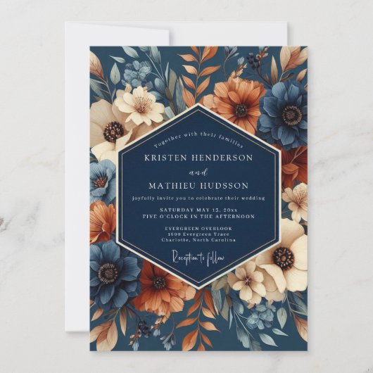 Navy Rust Artistic Flora Wedding Kaart (Voorkant)