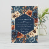 Navy Rust Artistic Flora Wedding Kaart (Staand voorkant)