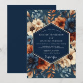 Navy Rust Artistic Flora Wedding Kaart (Voorkant / Achterkant)