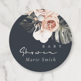 NAVY RUST BLUSH MONSTERA FLORAL BABY SHOWER BEDANKJES LABELS