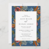 Navy & Rust Boho Floral, Blue Wedding Invitation Kaart (Voorkant)