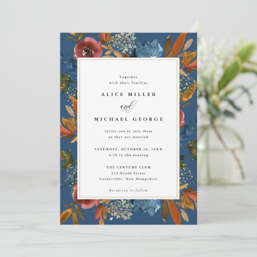 Navy & Rust Boho Floral, Blue Wedding Invitation Kaart (Staand voorkant)