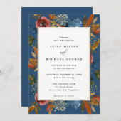 Navy & Rust Boho Floral, Blue Wedding Invitation Kaart (Voorkant / Achterkant)