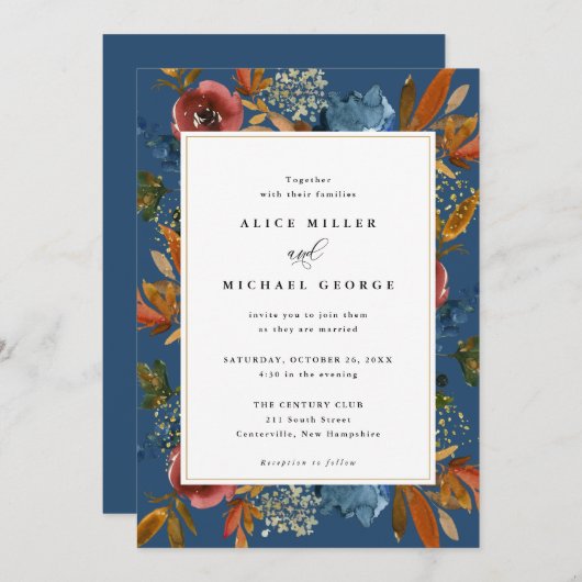 Navy & Rust Boho Floral, Blue Wedding Invitation Kaart (Voorkant / Achterkant)