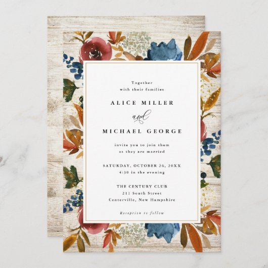 Navy & Rust Boho Floral, Light Wood Weddenschap Kaart (Voorkant / Achterkant)