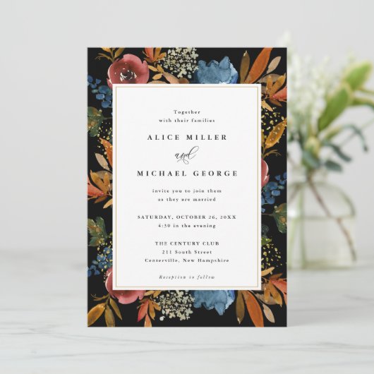 Navy & Rust Boho Floral, uitnodiging voor een zwar (Staand voorkant)