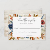 Navy & Rust Boho Flowers Light Wood Weddenschap RSVP Kaartje (Voorkant / Achterkant)