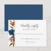 Navy & Rust Boho Flowers White Wedding RSVP Kaart (Voorkant / Achterkant)